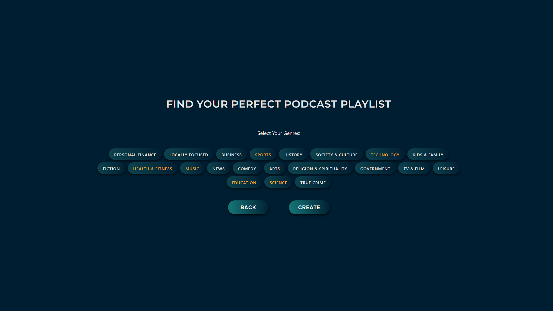 Podcast Planner website genre selection page